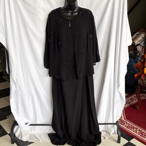 Landa long black evening gown & jacket, beaded sz 18, 20” PTP, 19” waist, 57” L